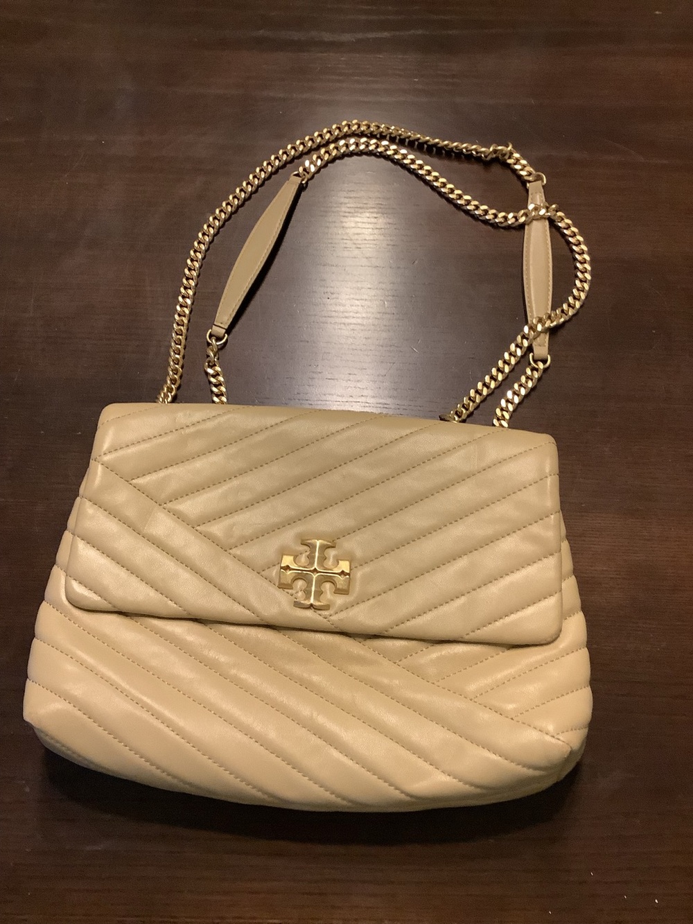 Tory Burch Kira Chevron Quilted Tan Leather Shoulder Bag with Gold Chain